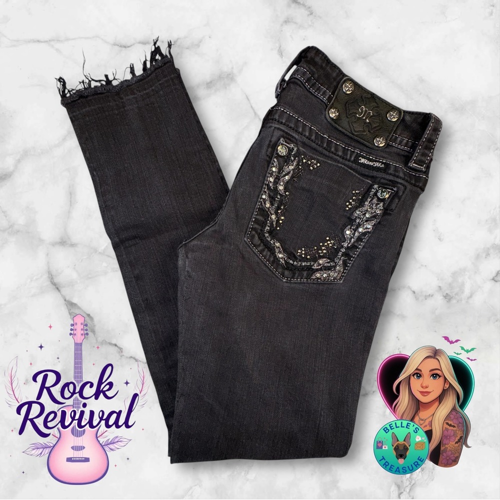 Miss Me Jeans Women's‎ 28 Black Acid Wash Skinny Rhinestone Floral Frayed Hem
